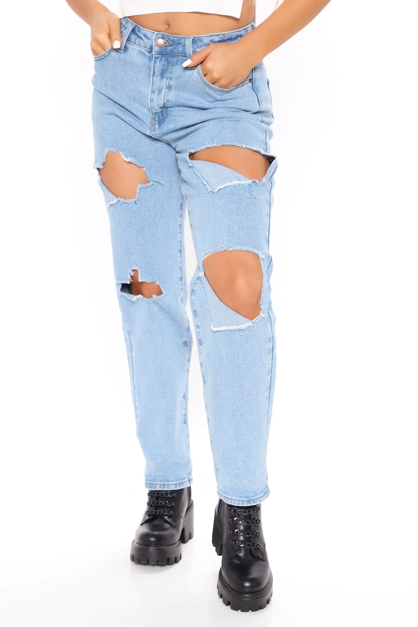 A Lil' Surprise Destroyed Mom Jeans - Light Blue Wash