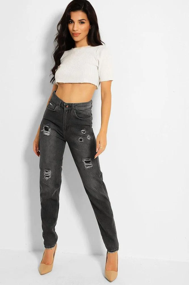 Ash Grey Distressed High Waist Taper Mom Jeans
