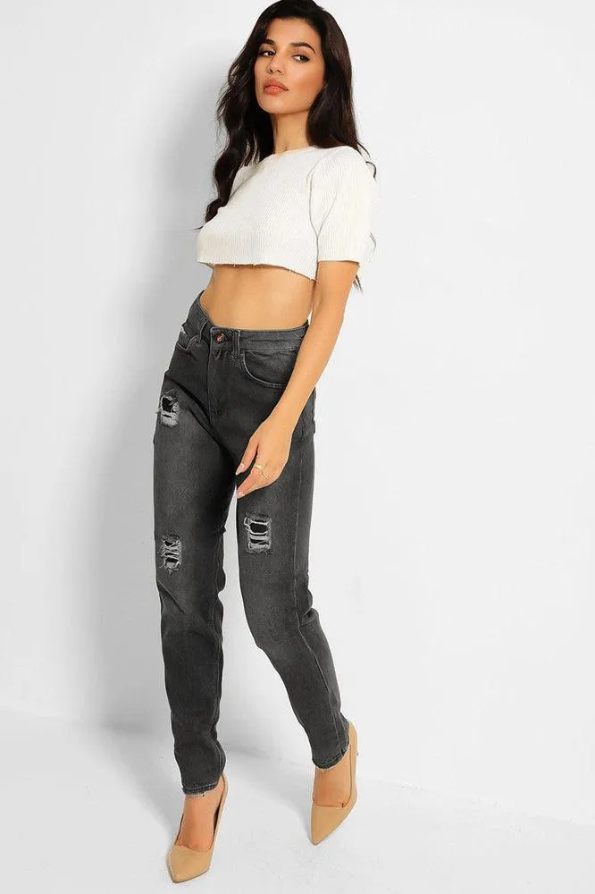 Ash Grey Distressed High Waist Taper Mom Jeans