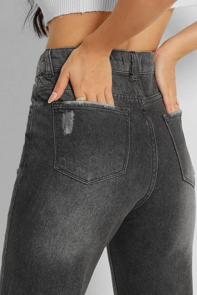 Ash Grey Distressed High Waist Taper Mom Jeans