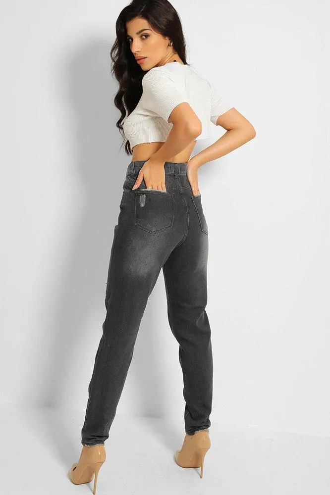 Ash Grey Distressed High Waist Taper Mom Jeans
