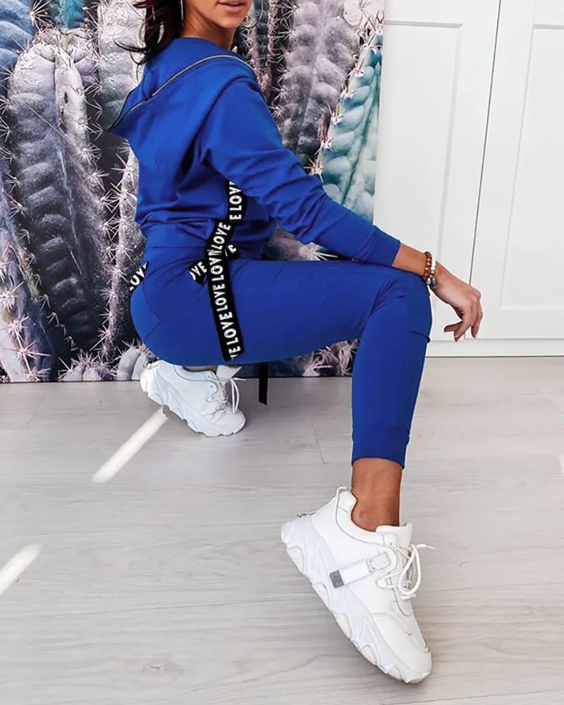 Autumn Suit Featured Diagonal Collar Zipper Hooded Casual Solid Color