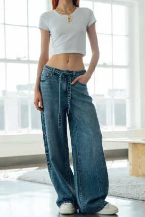 Belted Baggy Wide Leg Jeans - Vintage Indigo