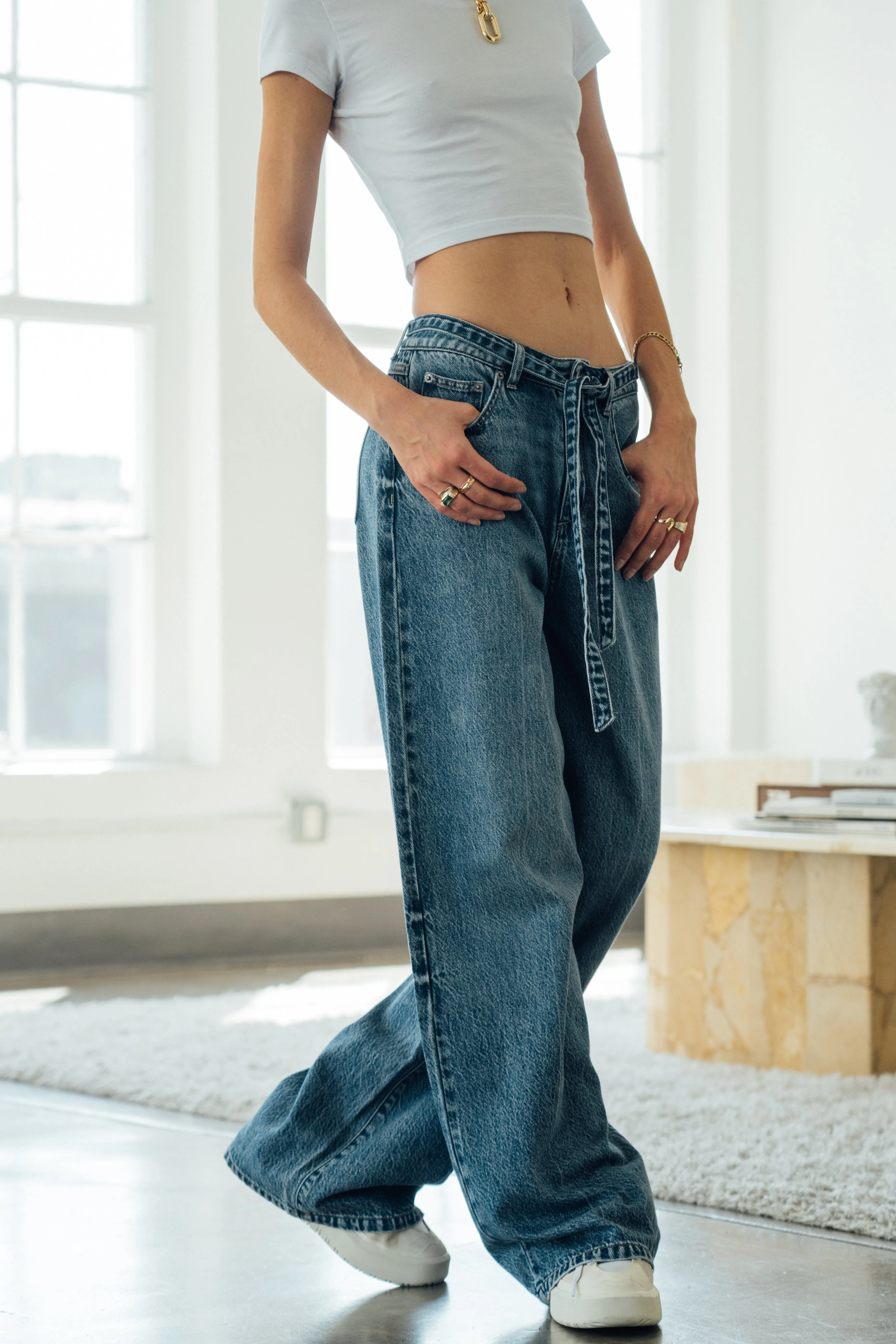 Belted Baggy Wide Leg Jeans - Vintage Indigo