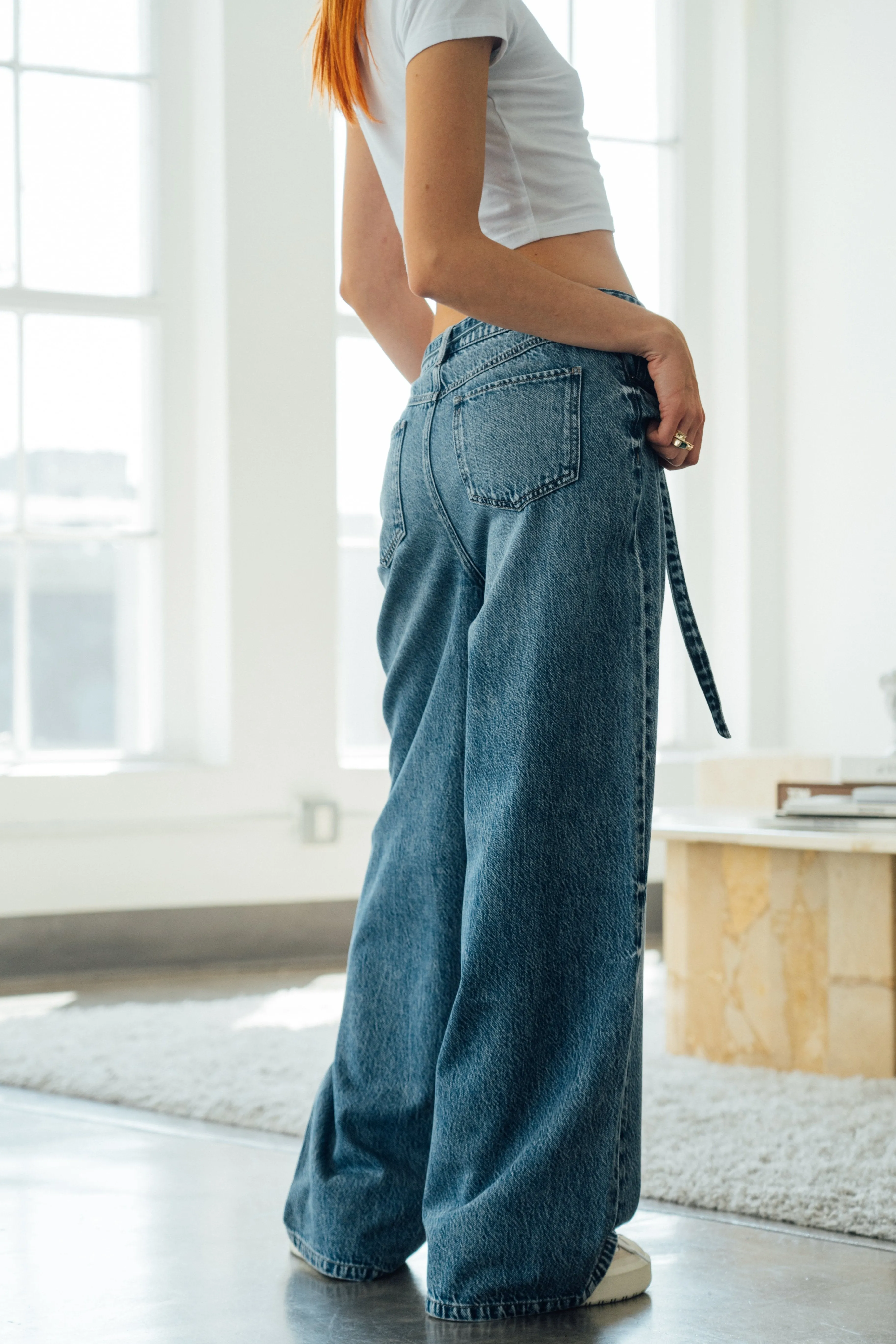 Belted Baggy Wide Leg Jeans - Vintage Indigo