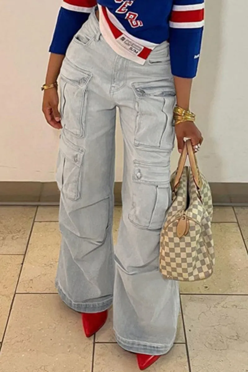 BerryBetty - Casual Solid Patchwork High Waist Regular Denim Jeans