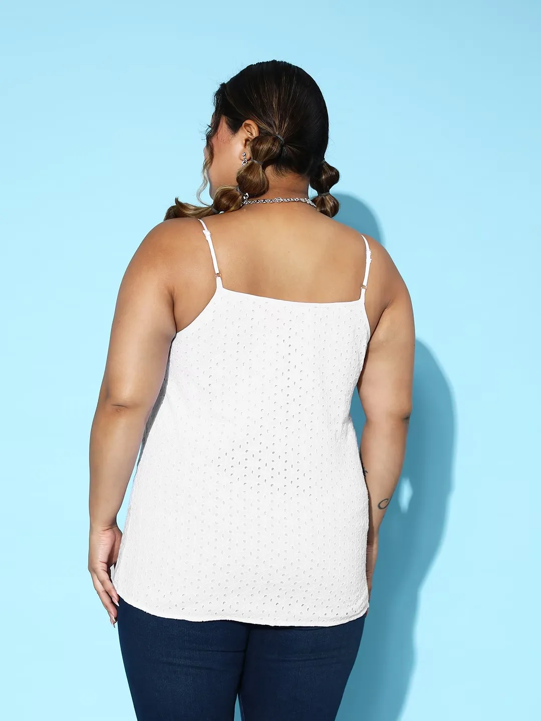 Berrylush Women Plus Size Solid White V-Neck Sleeveless Schiffli Regular Top