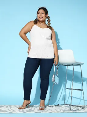 Berrylush Women Plus Size Solid White V-Neck Sleeveless Schiffli Regular Top