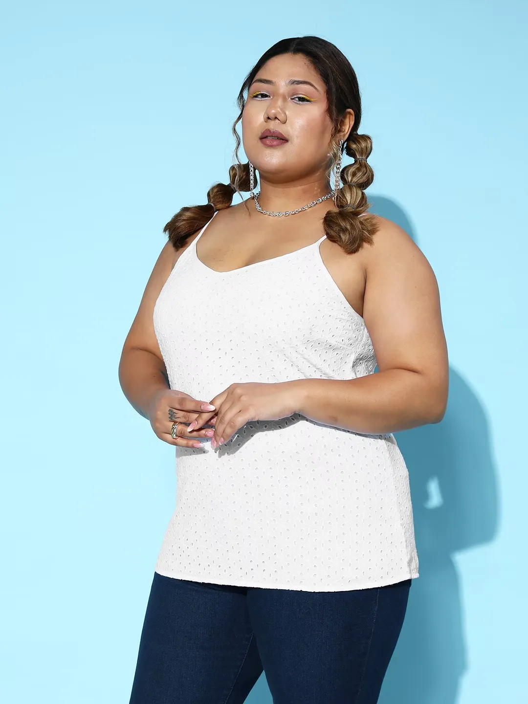 Berrylush Women Plus Size Solid White V-Neck Sleeveless Schiffli Regular Top