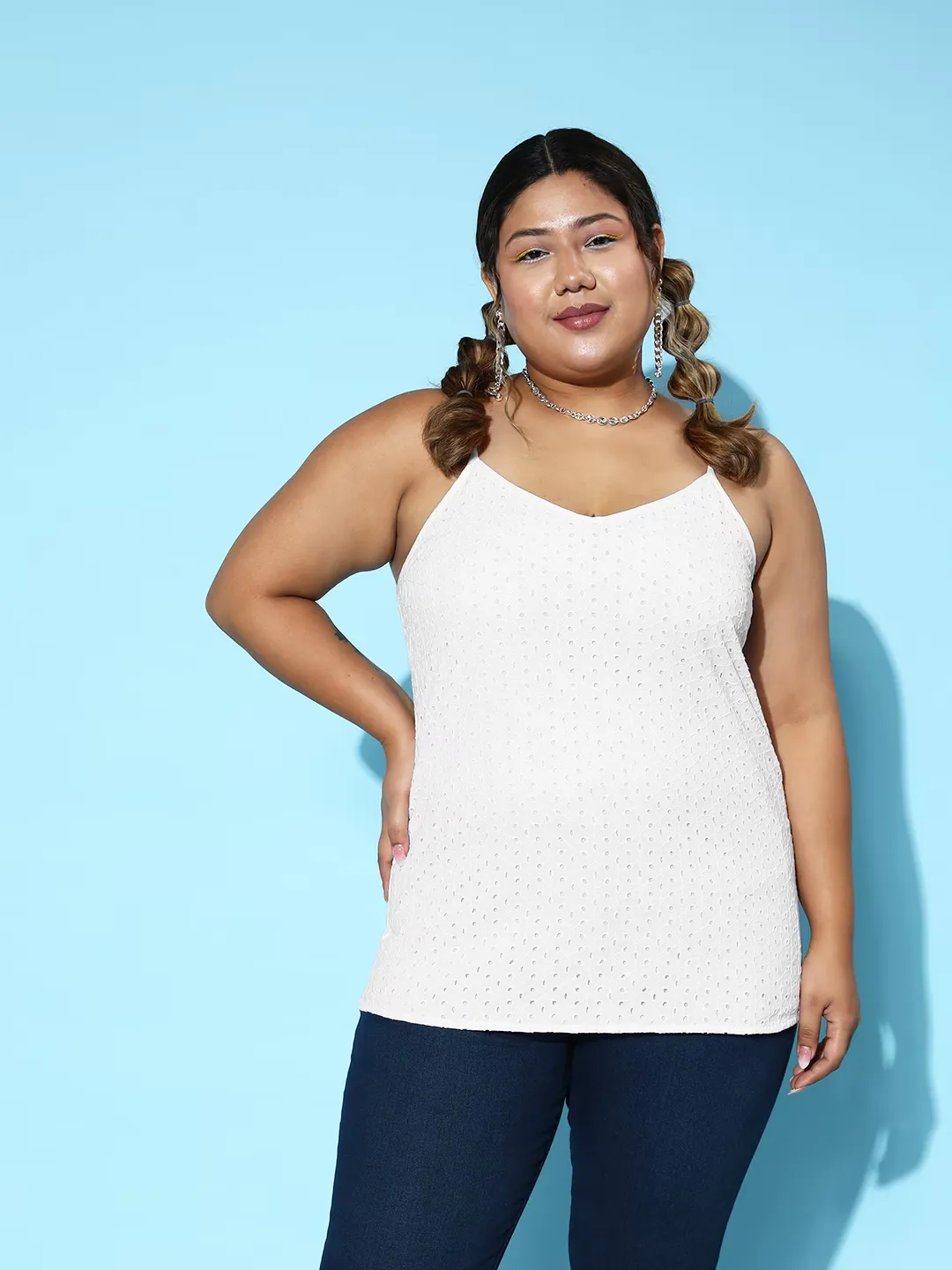 Berrylush Women Plus Size Solid White V-Neck Sleeveless Schiffli Regular Top
