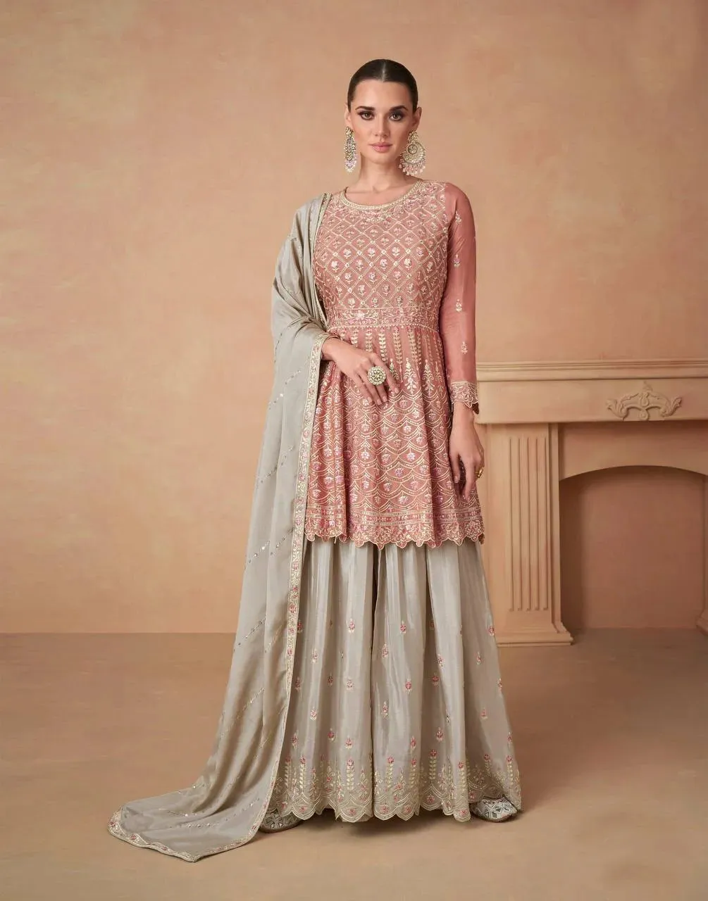 Bewitching Brown Chinon Embroidered palazzo Suit