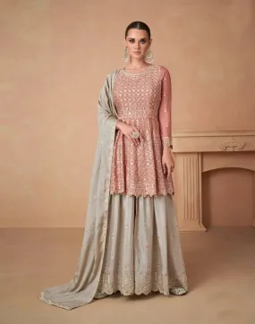Bewitching Brown Chinon Embroidered palazzo Suit