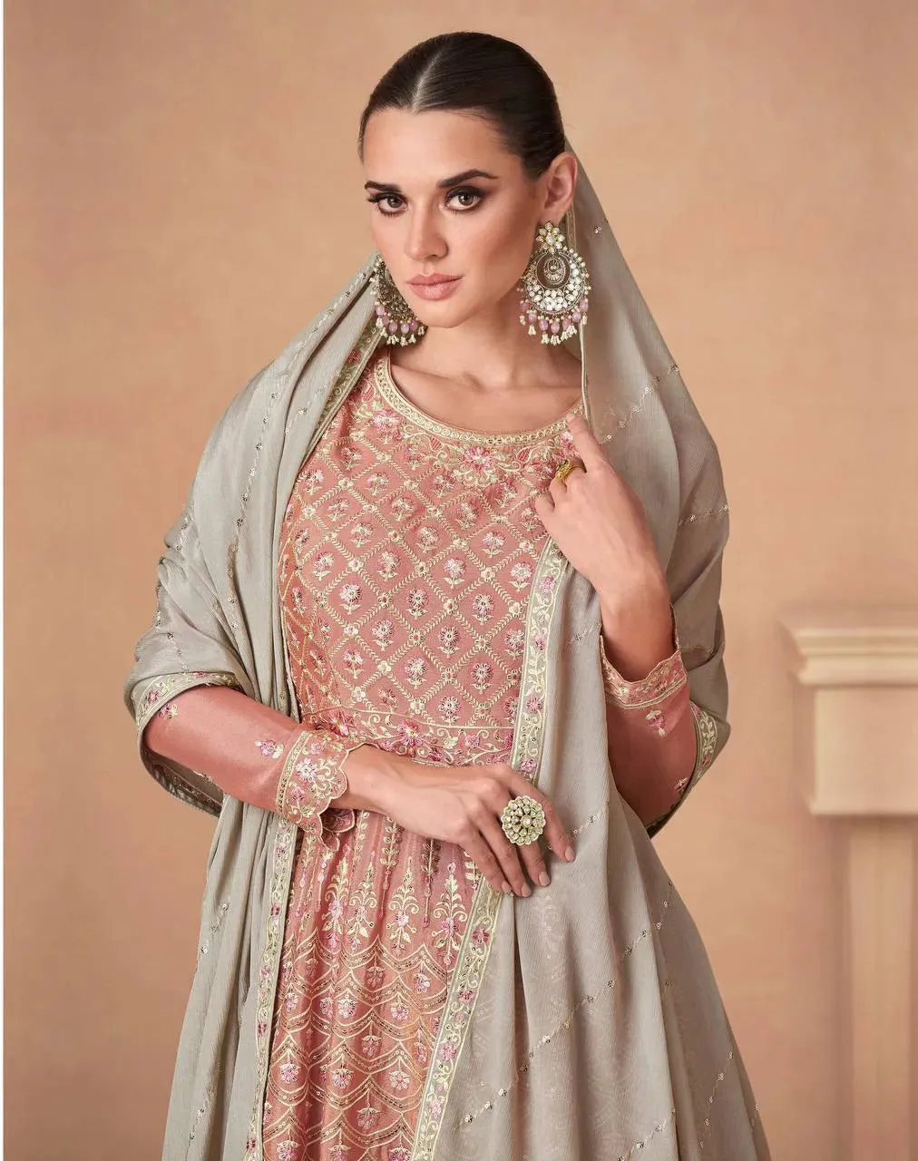Bewitching Brown Chinon Embroidered palazzo Suit