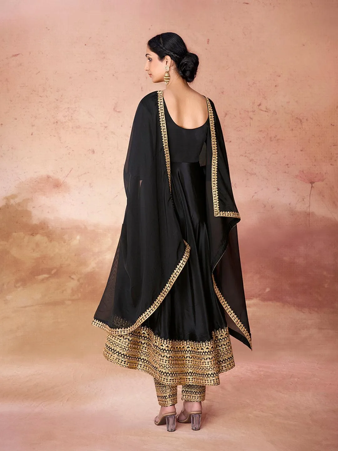 Black color anarkali suit with pant and dupatta
