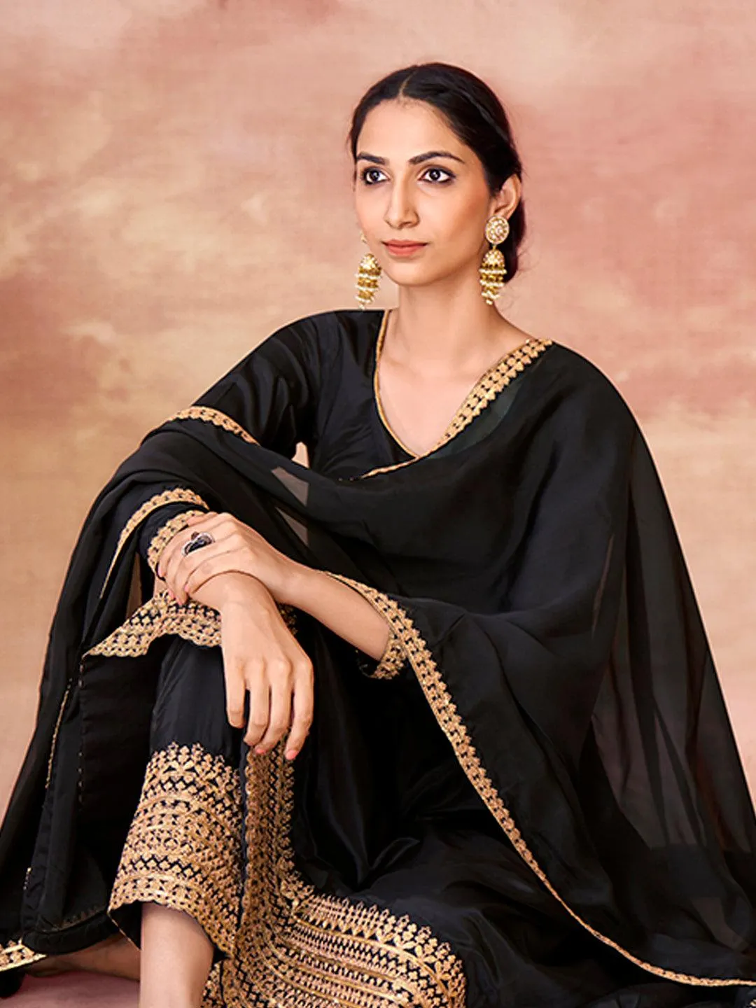 Black color anarkali suit with pant and dupatta
