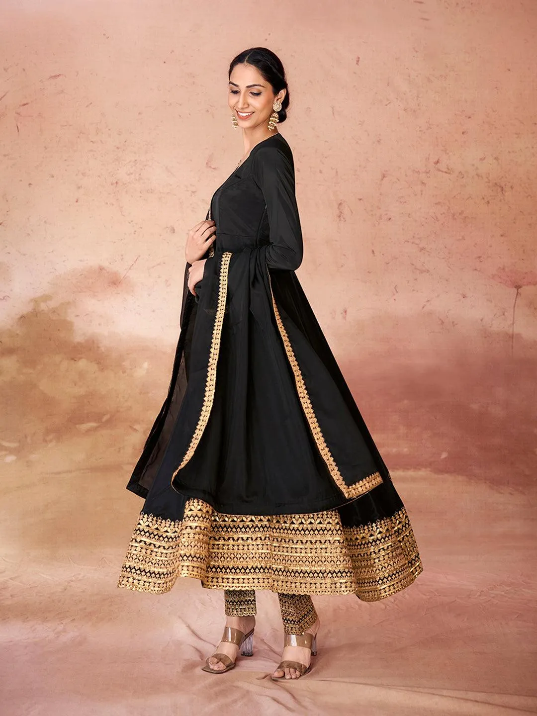 Black color anarkali suit with pant and dupatta