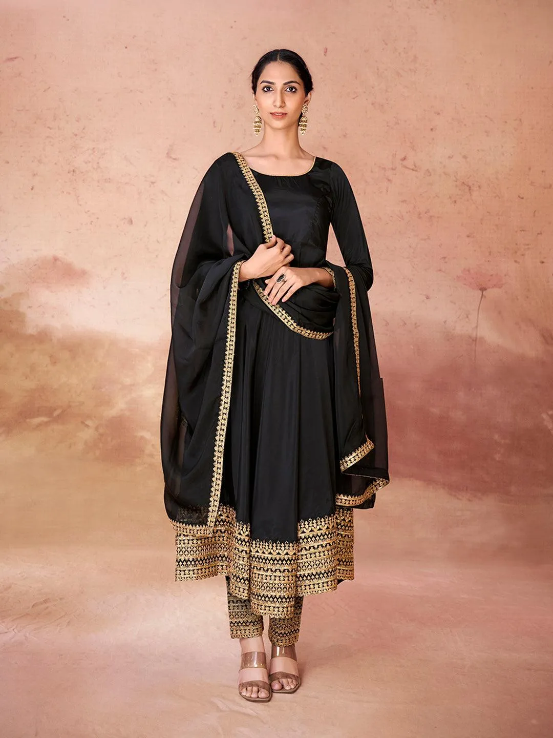 Black color anarkali suit with pant and dupatta
