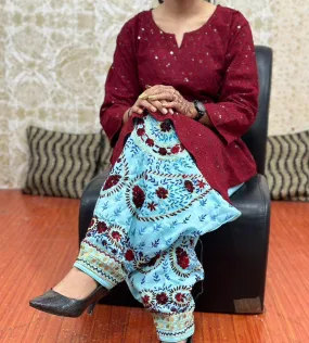 Blue & Maroon Elegant Phulkari Patiala Salwar & Chikankari Kameez Set
