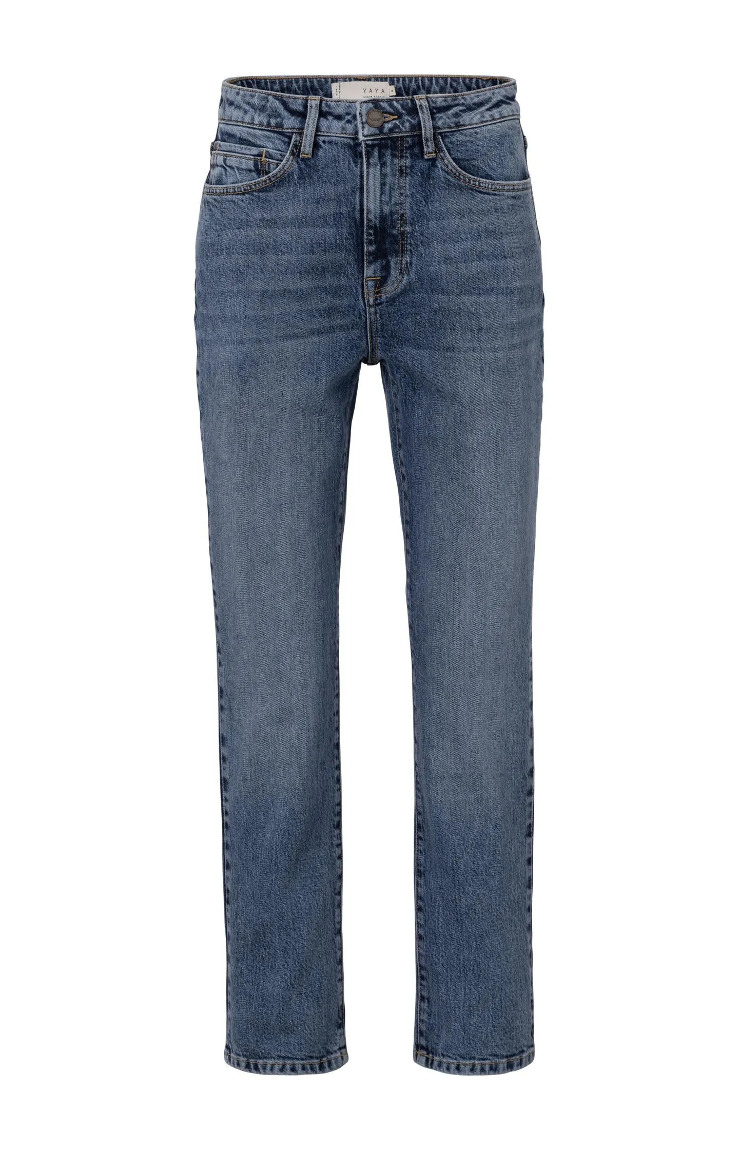 Blue jeans with high waist, straight legs and pockets