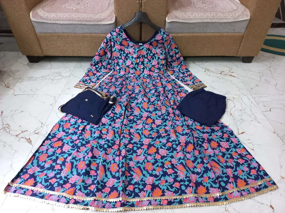 Blue Rayon Printed Long Gown Kurti Set with Pant and Dupatta