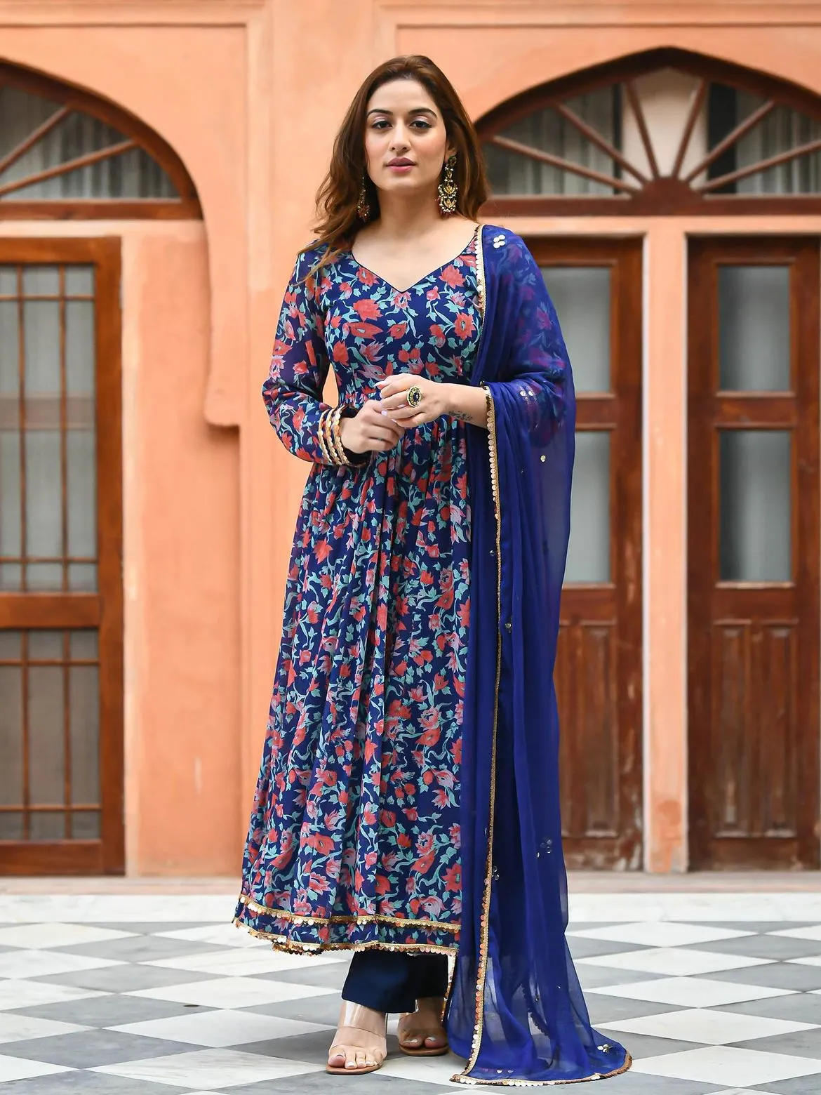 Blue Rayon Printed Long Gown Kurti Set with Pant and Dupatta