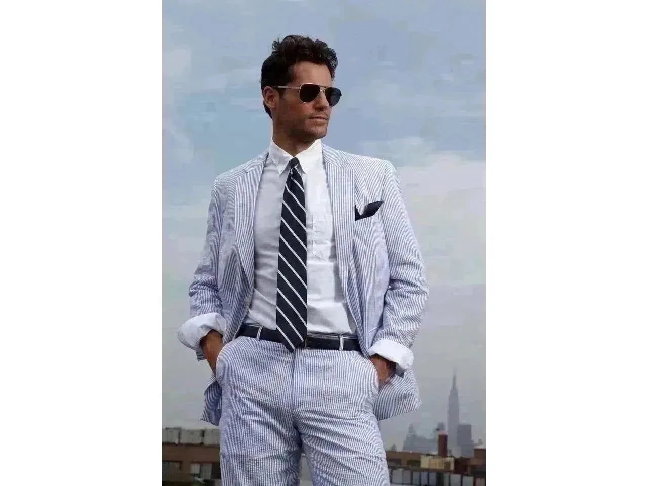 Blue Seersucker Suit 100% Cotton Classic Fit Suit
