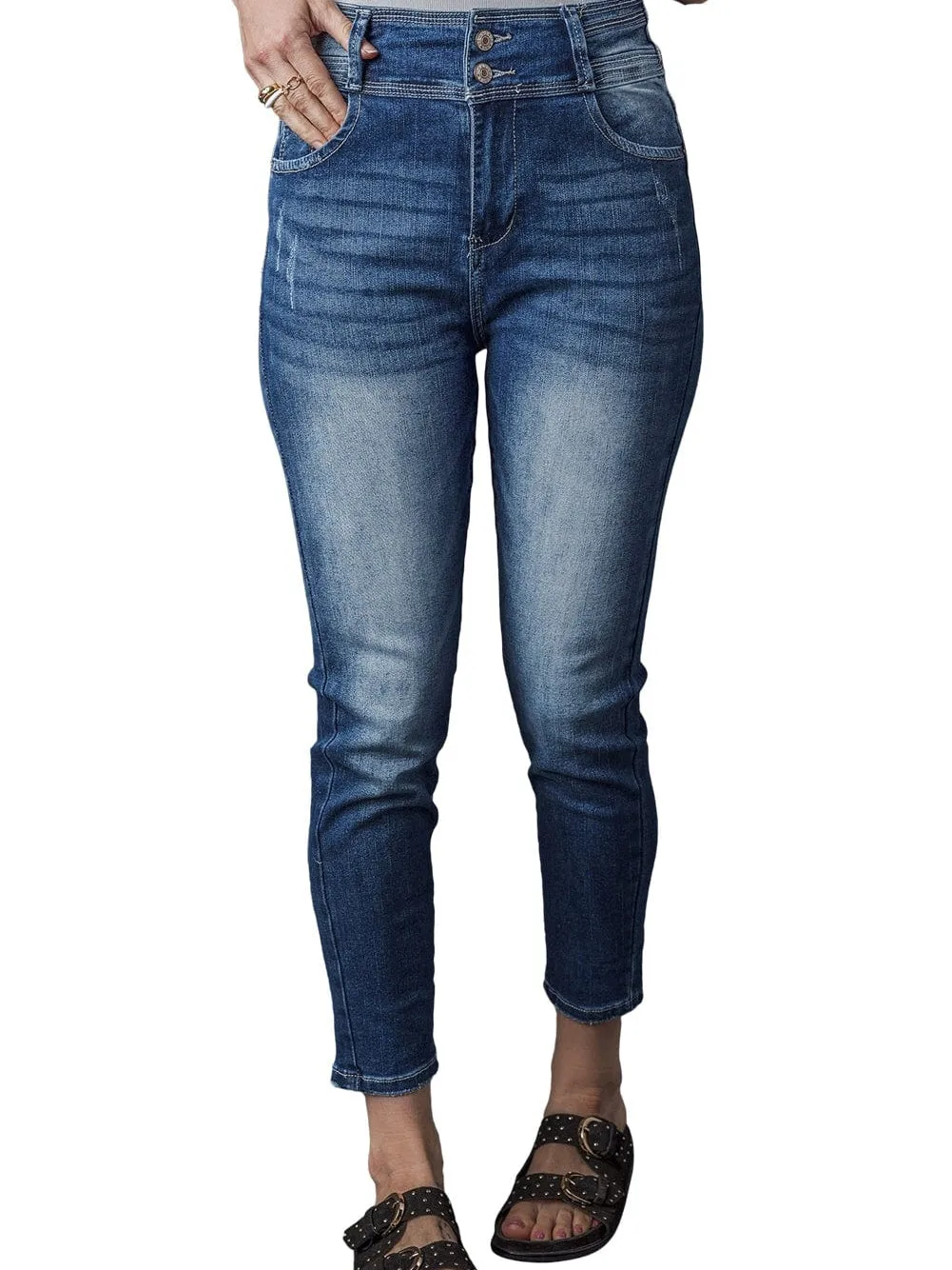 Blue Vintage Two-button High Waist Skinny Jeans with a Chic Slim Look