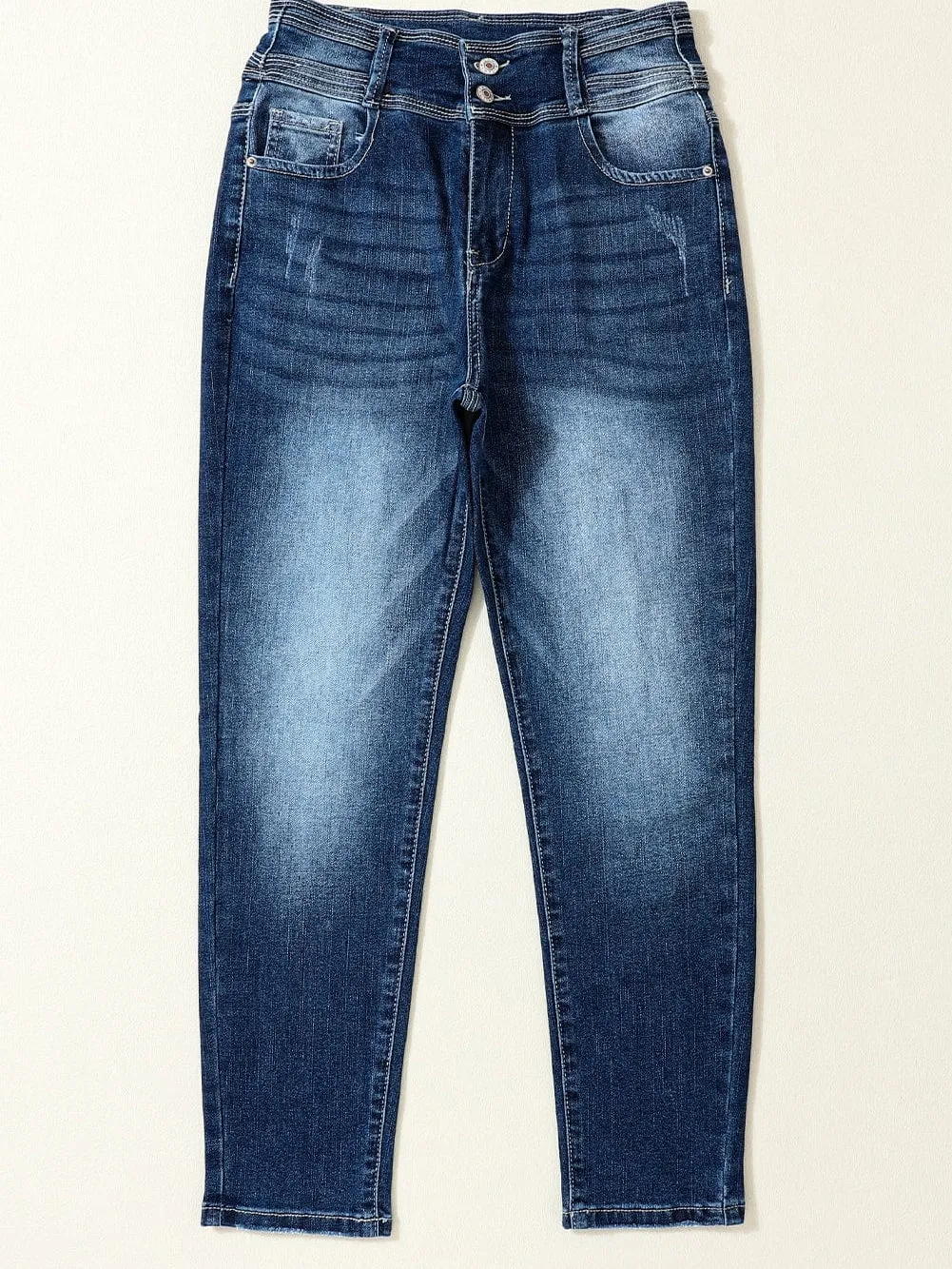 Blue Vintage Two-button High Waist Skinny Jeans with a Chic Slim Look
