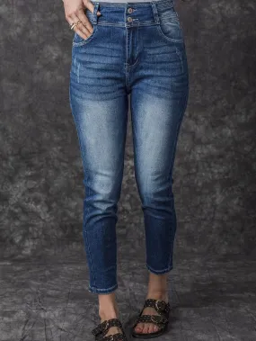 Blue Vintage Two-button High Waist Skinny Jeans with a Chic Slim Look