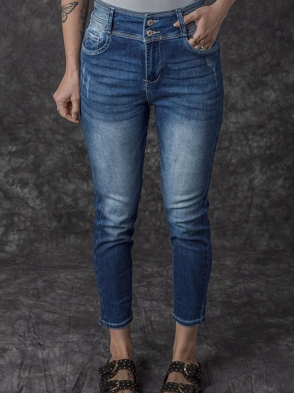 Blue Vintage Two-button High Waist Skinny Jeans with a Chic Slim Look