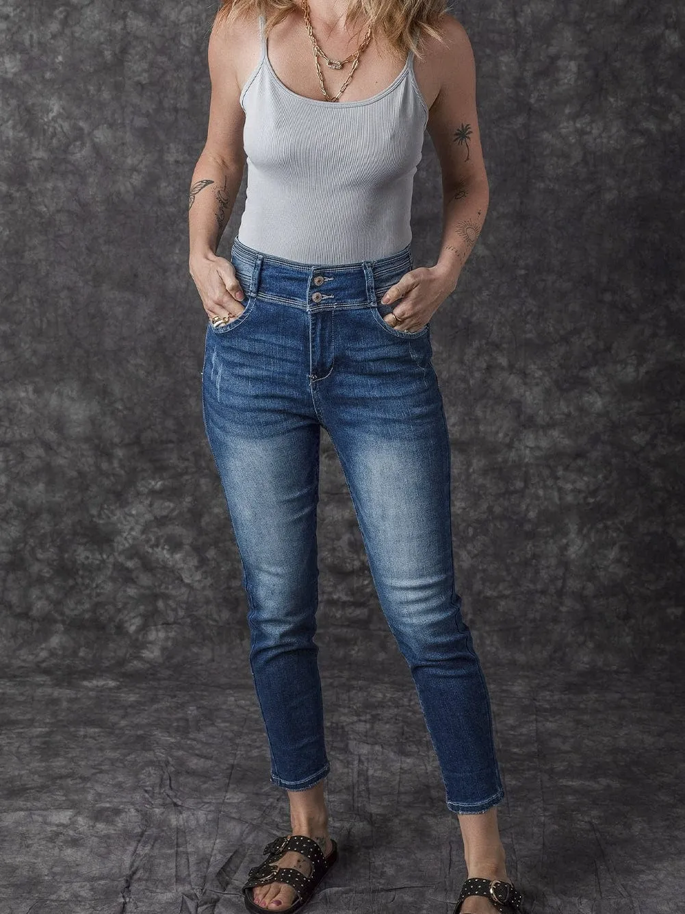 Blue Vintage Two-button High Waist Skinny Jeans with a Chic Slim Look