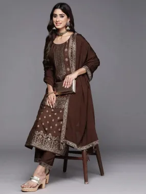 Brown Woven Design Silk Blend Straight Suit With Dupatta