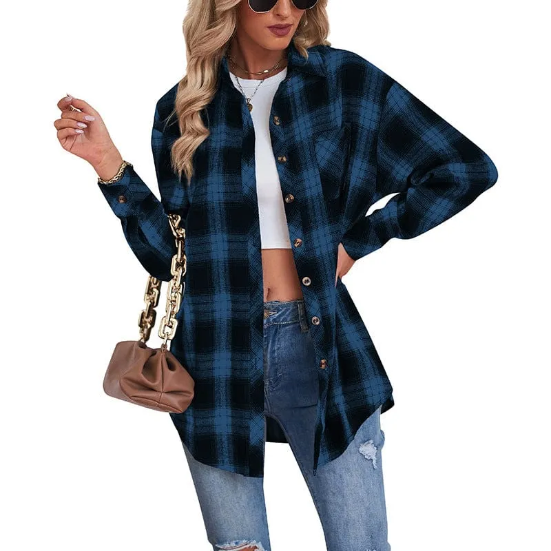 Casual boyfriend-style loose plaid shirt in women's fashion