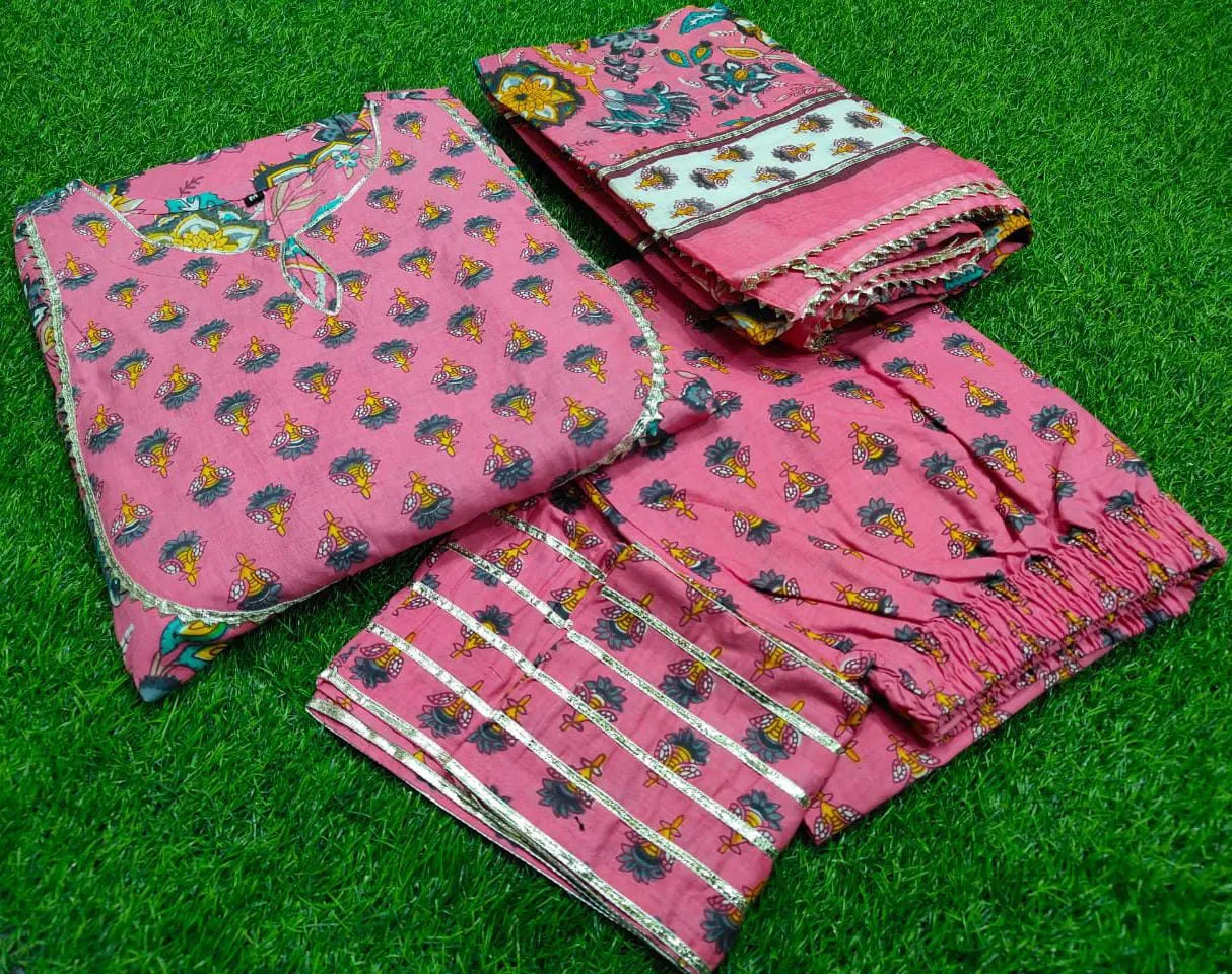 Cotton Anarkali Suit with Proceen Print, Gota Work, and Printed Dupatta