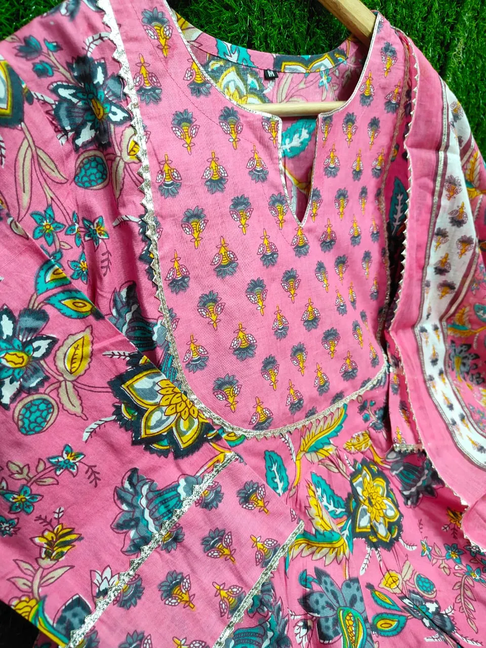 Cotton Anarkali Suit with Proceen Print, Gota Work, and Printed Dupatta