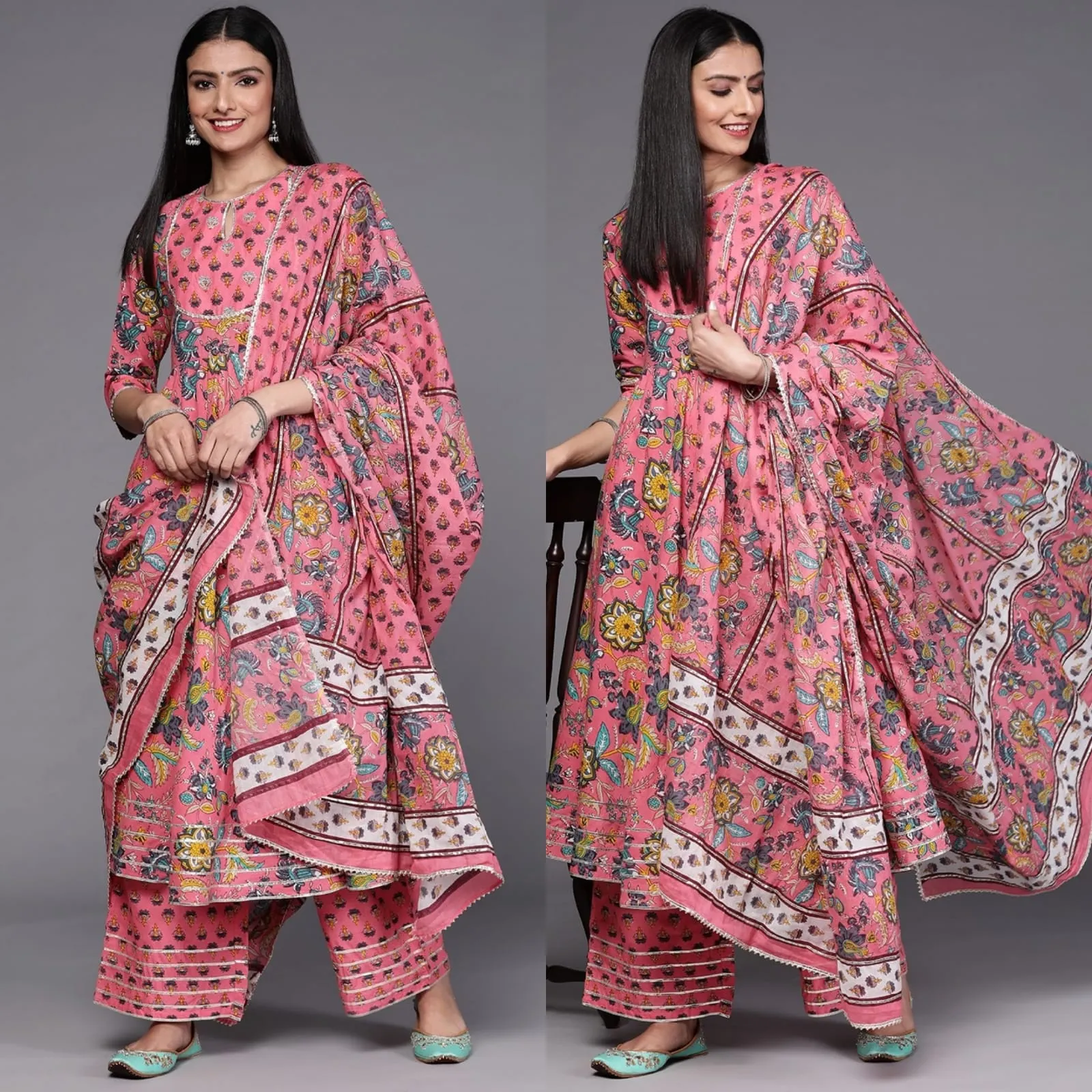 Cotton Anarkali Suit with Proceen Print, Gota Work, and Printed Dupatta