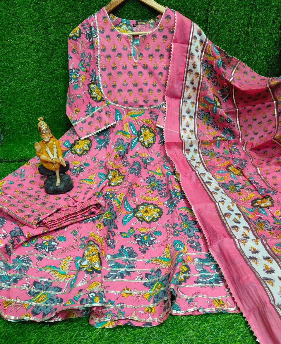 Cotton Anarkali Suit with Proceen Print, Gota Work, and Printed Dupatta