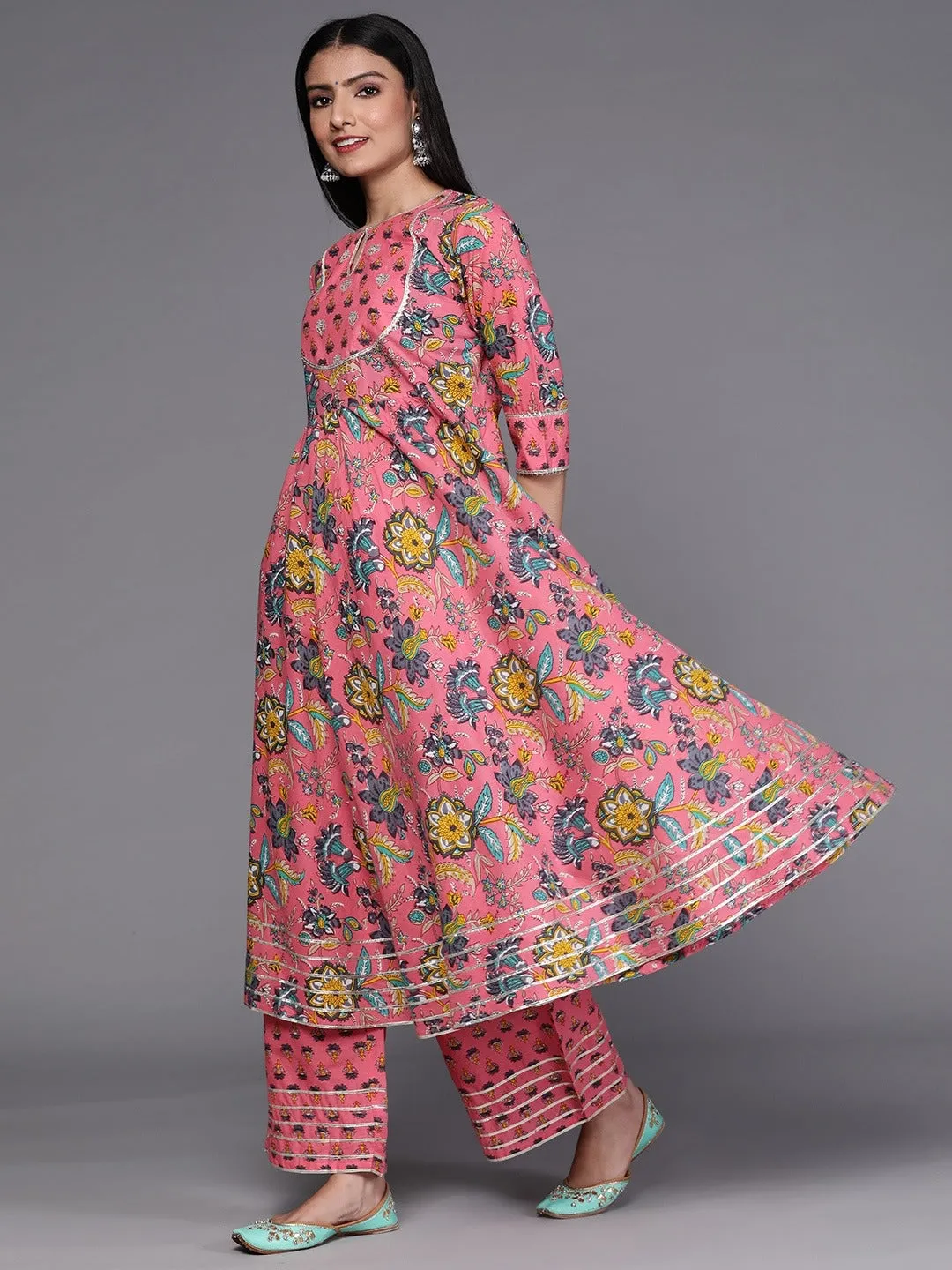 Cotton Anarkali Suit with Proceen Print, Gota Work, and Printed Dupatta