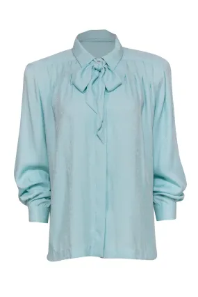 Doncaster - Blue Brocade Textured Button-Up Blouse w/ Neck Tie Sz 12