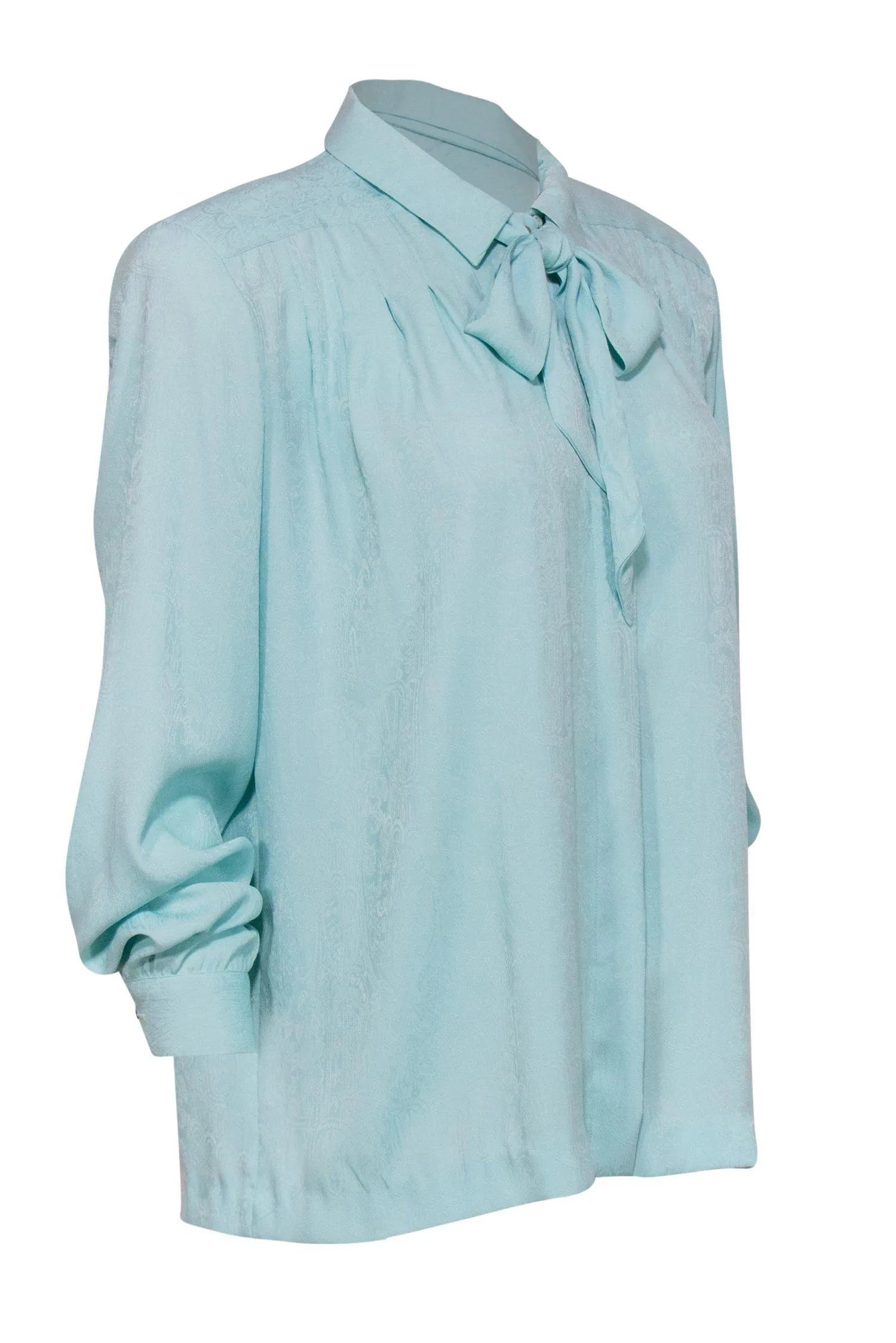 Doncaster - Blue Brocade Textured Button-Up Blouse w/ Neck Tie Sz 12
