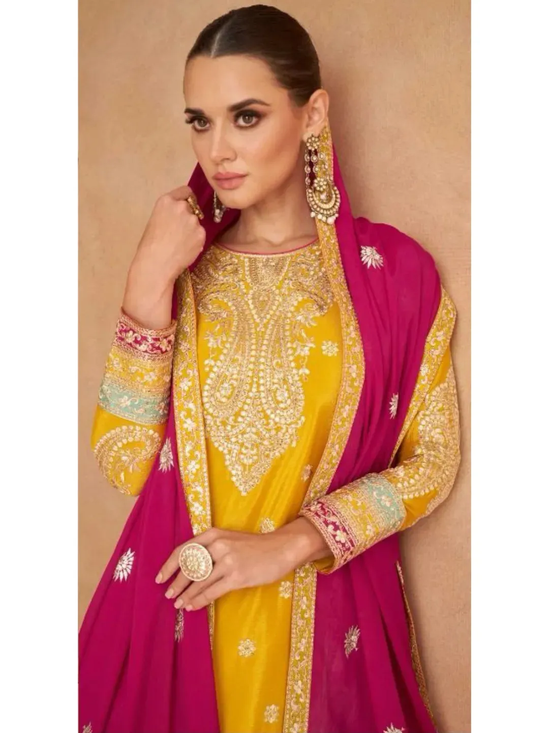Elegant Designer Pure Chinon Embroidered Palazzo Suit
