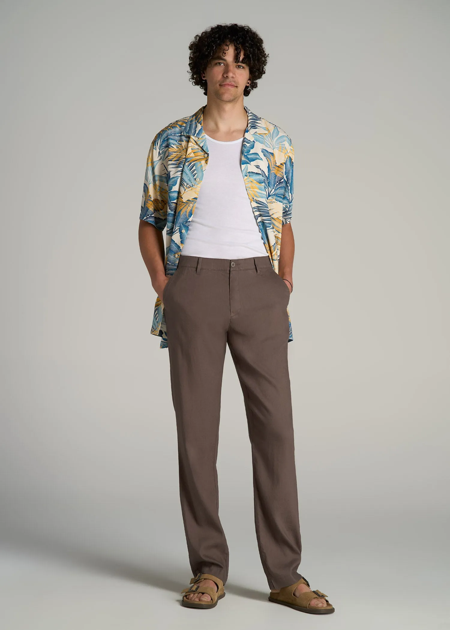 Garment Dyed Linen Casual Pants for Tall Men in Washed Brown