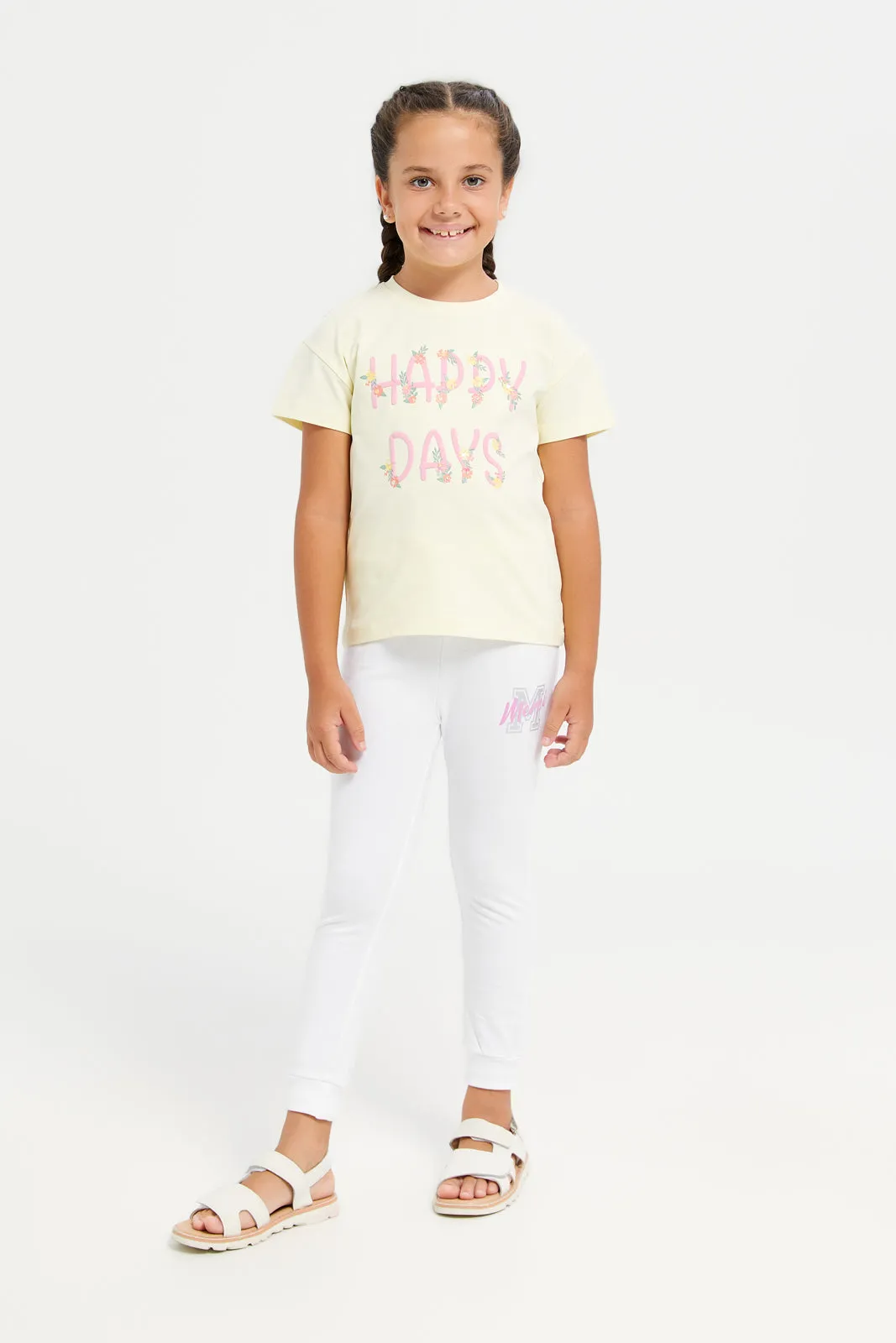 Girls White Printed Active Pants