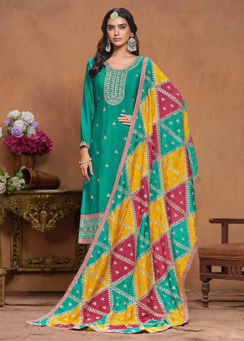 Glowing and Dazzling Chinon Silk Turquoise Salwar Suit
