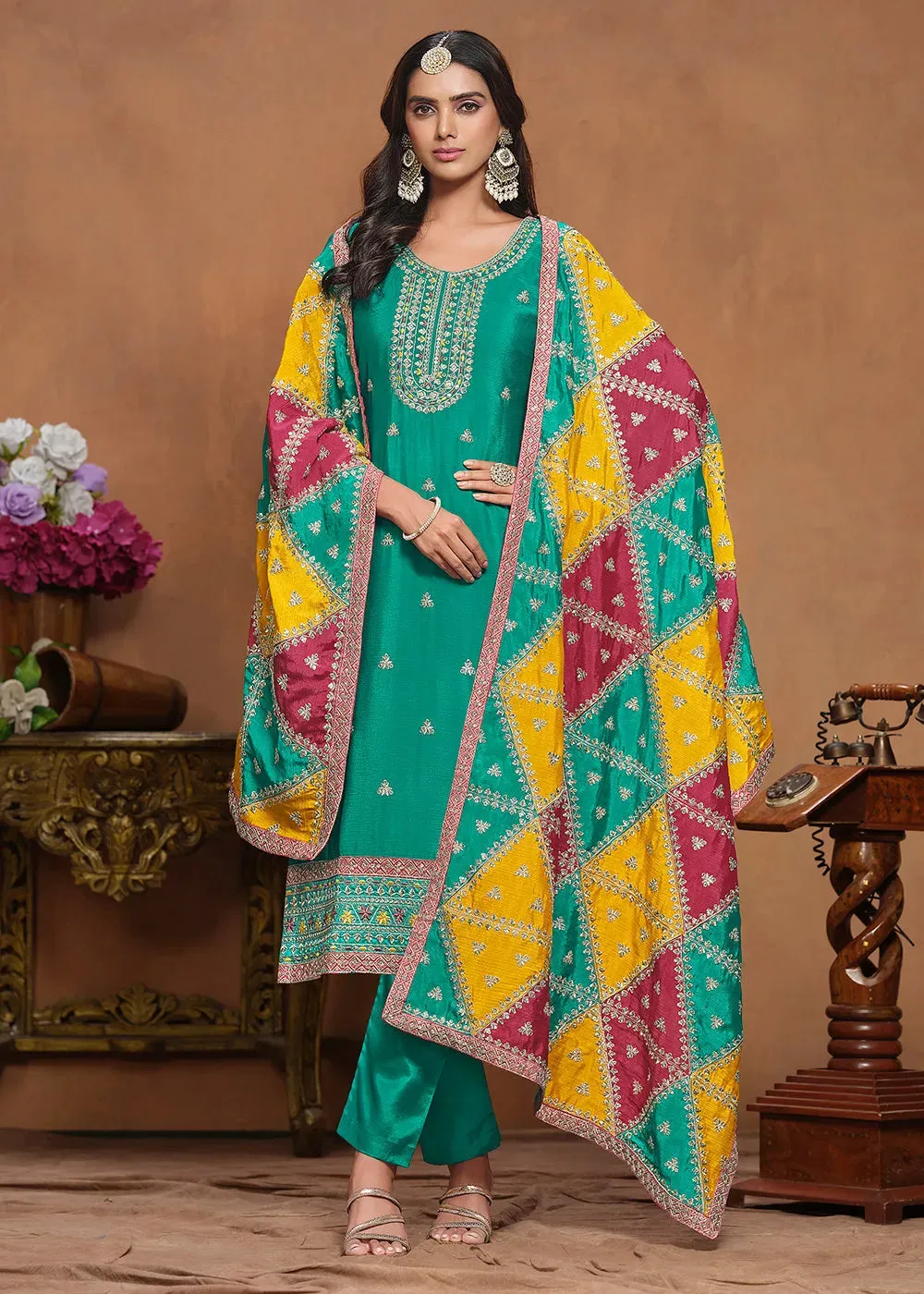 Glowing and Dazzling Chinon Silk Turquoise Salwar Suit