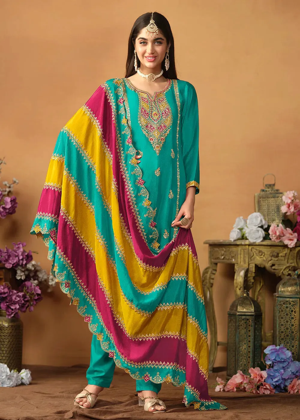 Glowing and Dazzling Chinon Silk Turquoise Salwar Suit