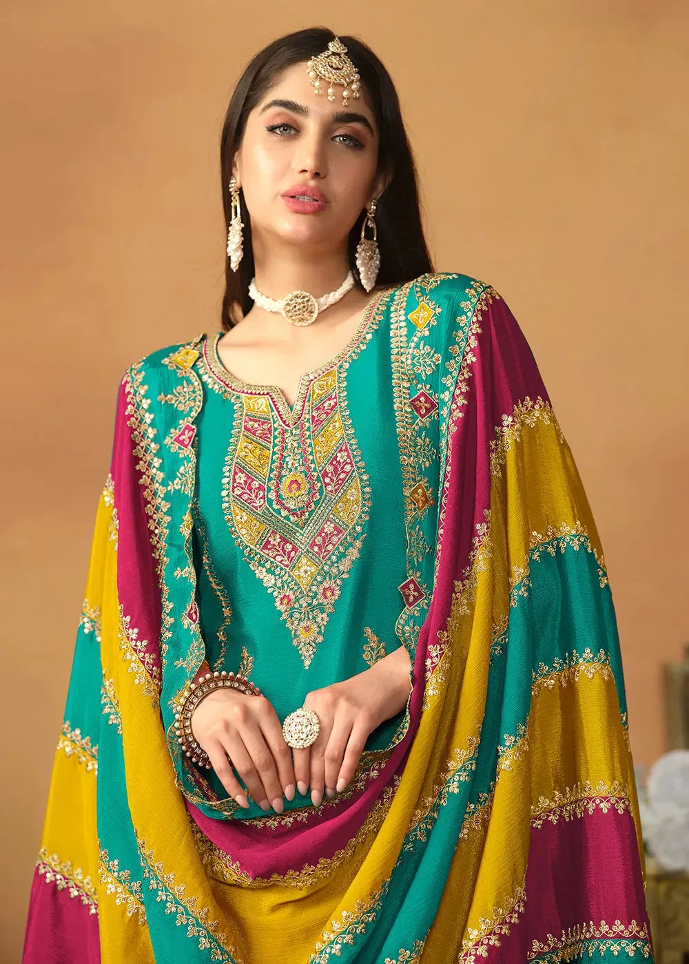 Glowing and Dazzling Chinon Silk Turquoise Salwar Suit