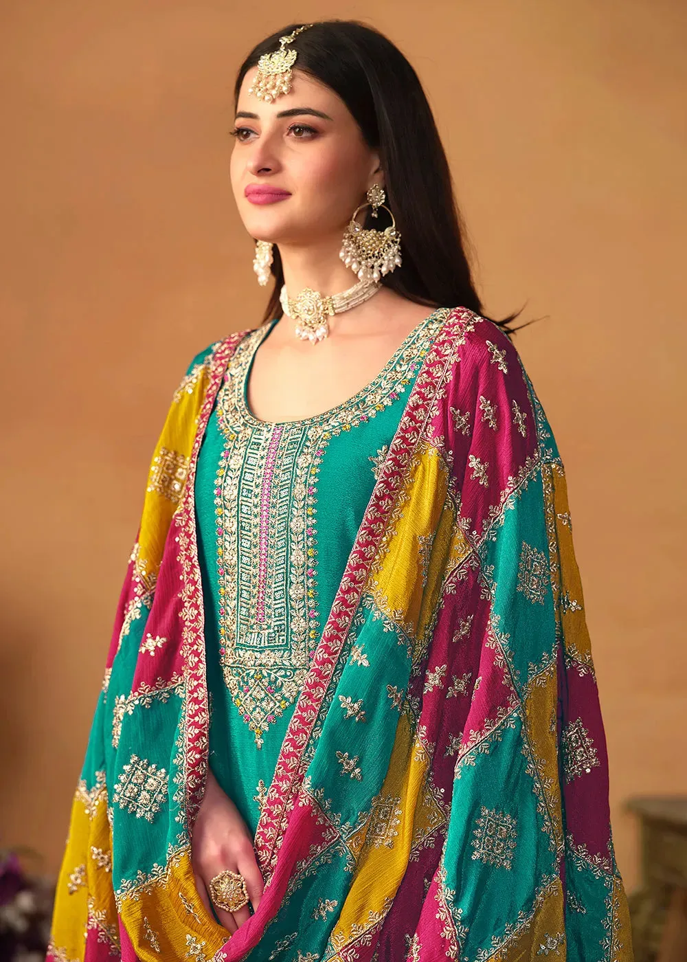 Glowing and Dazzling Chinon Silk Turquoise Salwar Suit