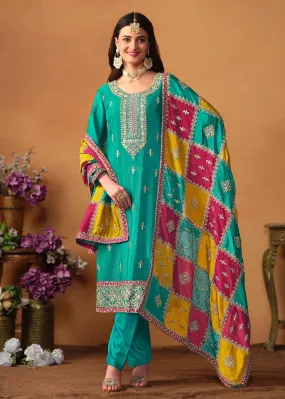 Glowing and Dazzling Chinon Silk Turquoise Salwar Suit