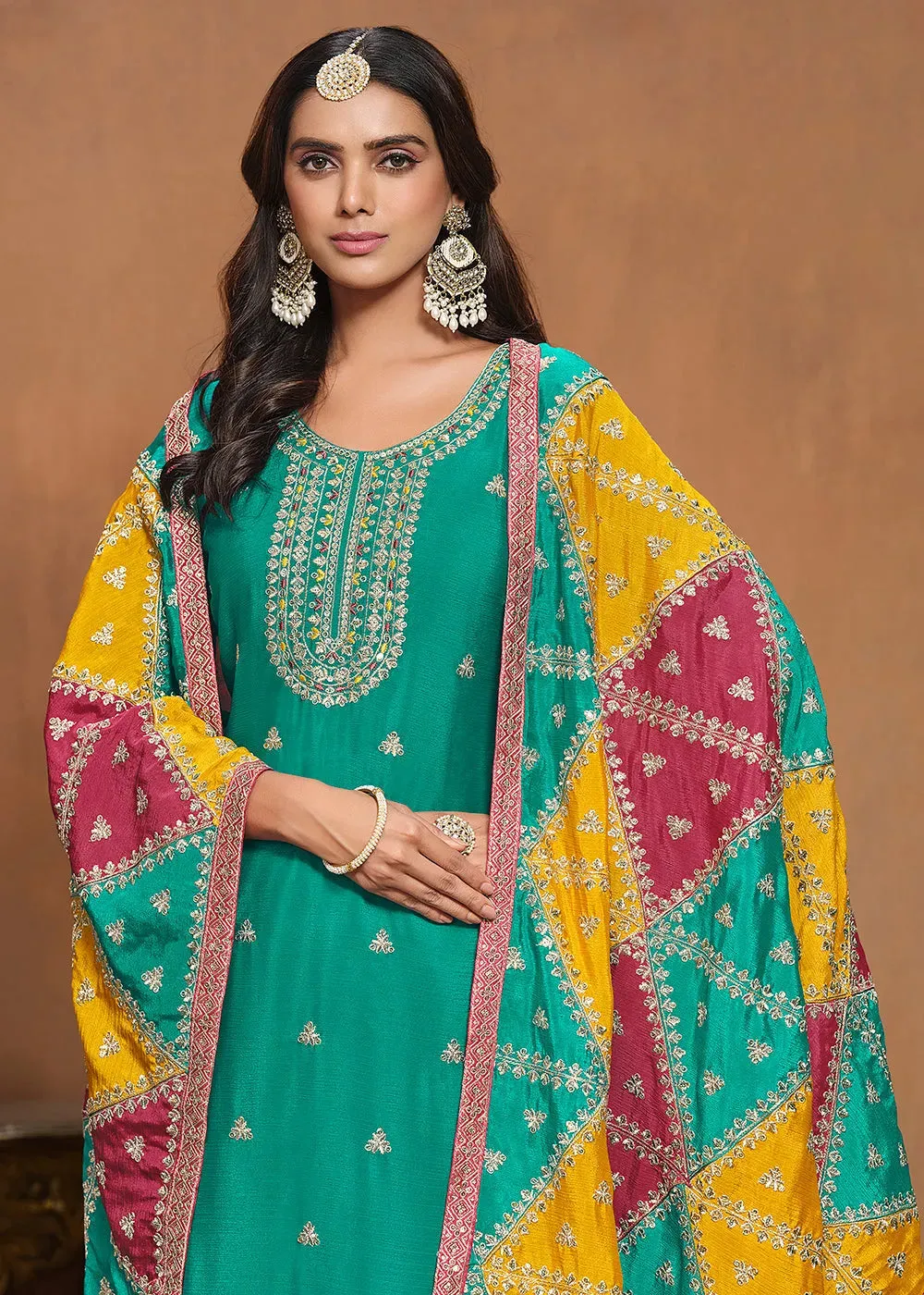 Glowing and Dazzling Chinon Silk Turquoise Salwar Suit